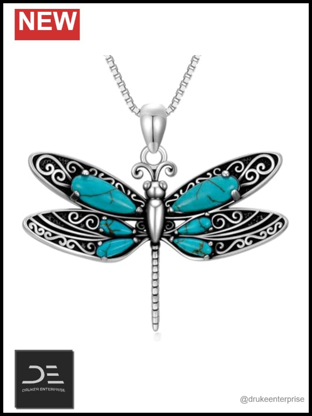 Sterling Silver Dragonfly Turquoise Pendant Necklace Boho Adjustable Chain